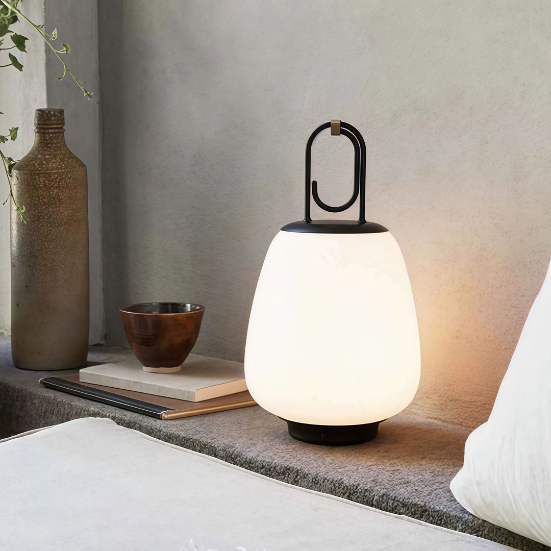 Cordless Lantern Table Lamp — Rechargeable Glass Lamp with Iron Handle