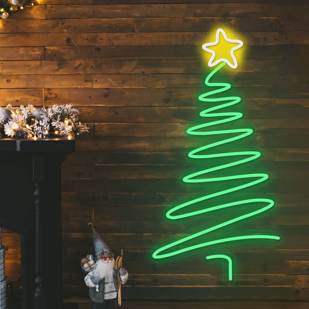 Christmas Tree Neon Sign — Green LED Line Tree with Yellow Star, Dimmable