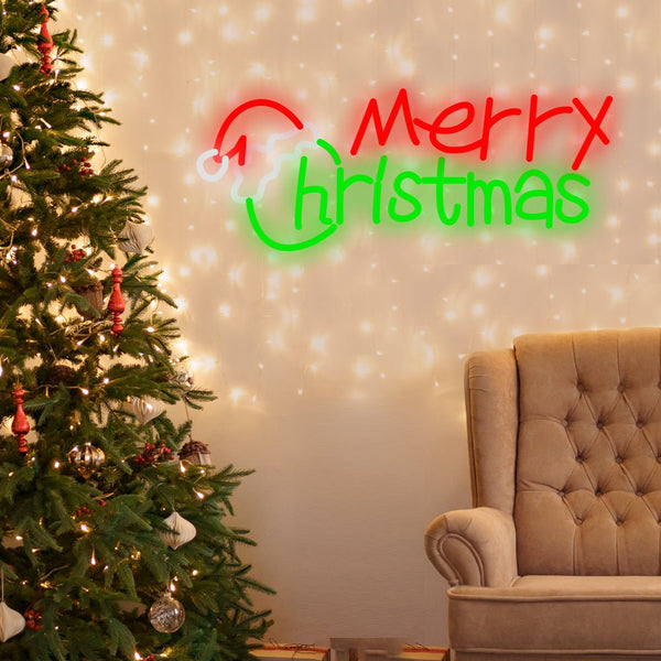 Merry Christmas Neon Sign — Santa Hat LED Wall Light, Red and Green, 18 in