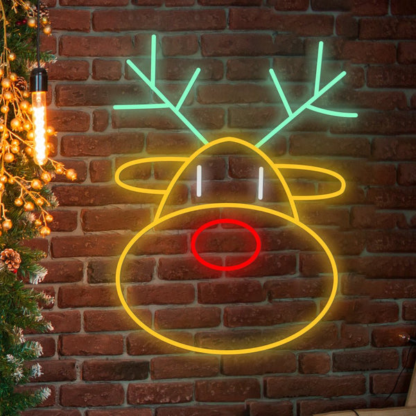 Reindeer Neon Sign — Christmas LED Wall Light with Dimmer, Red Nose