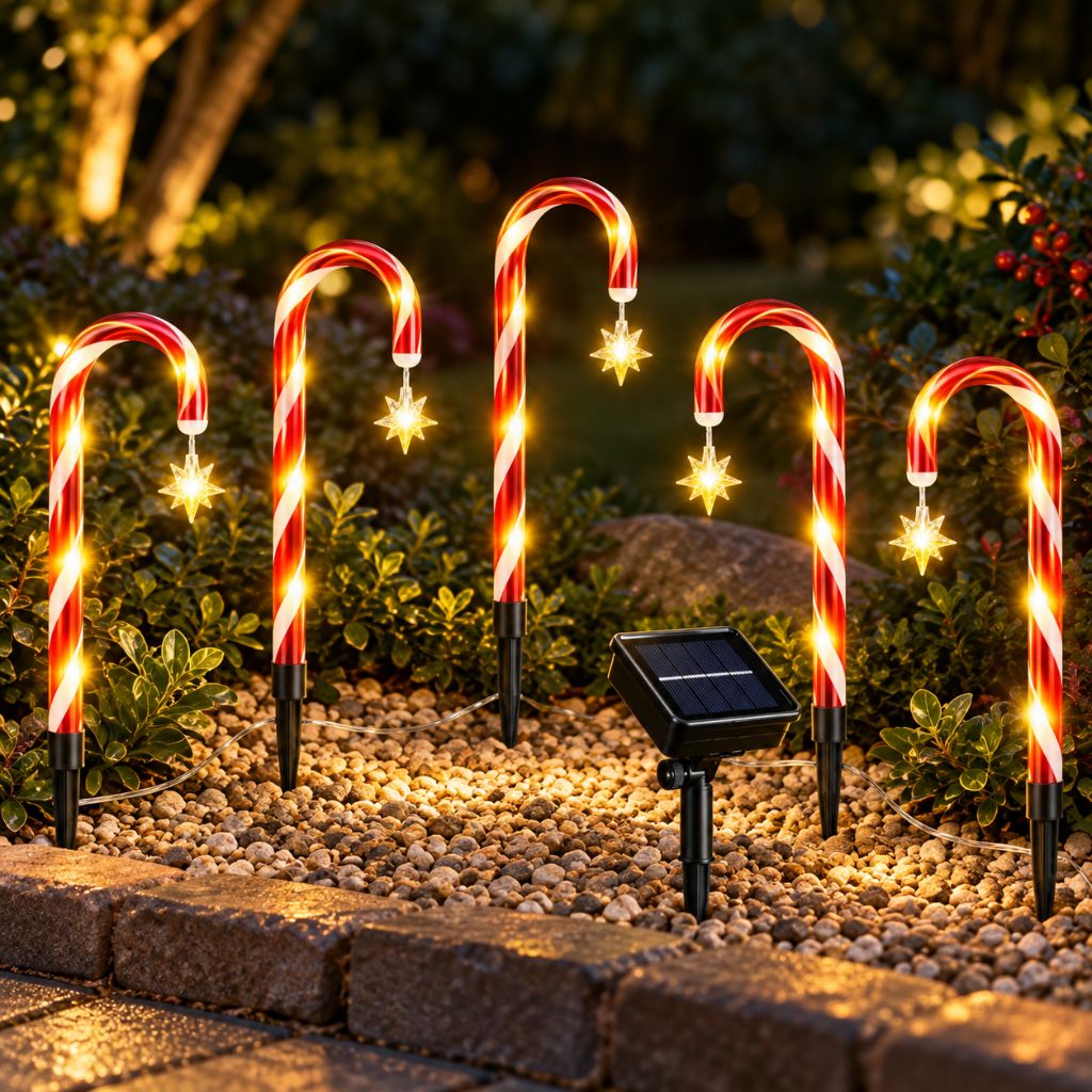 Solar Candy Cane Pathway Lights — Outdoor Christmas Yard Stakes, 8 Modes