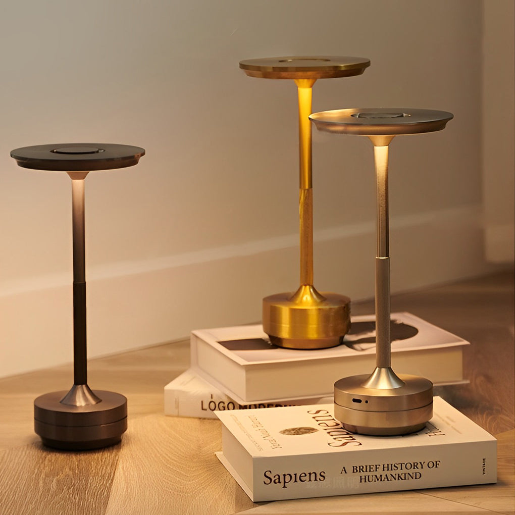 Cordless Metal Table Lamp — Slim Disc LED, Rechargeable Touch, 3 Colors