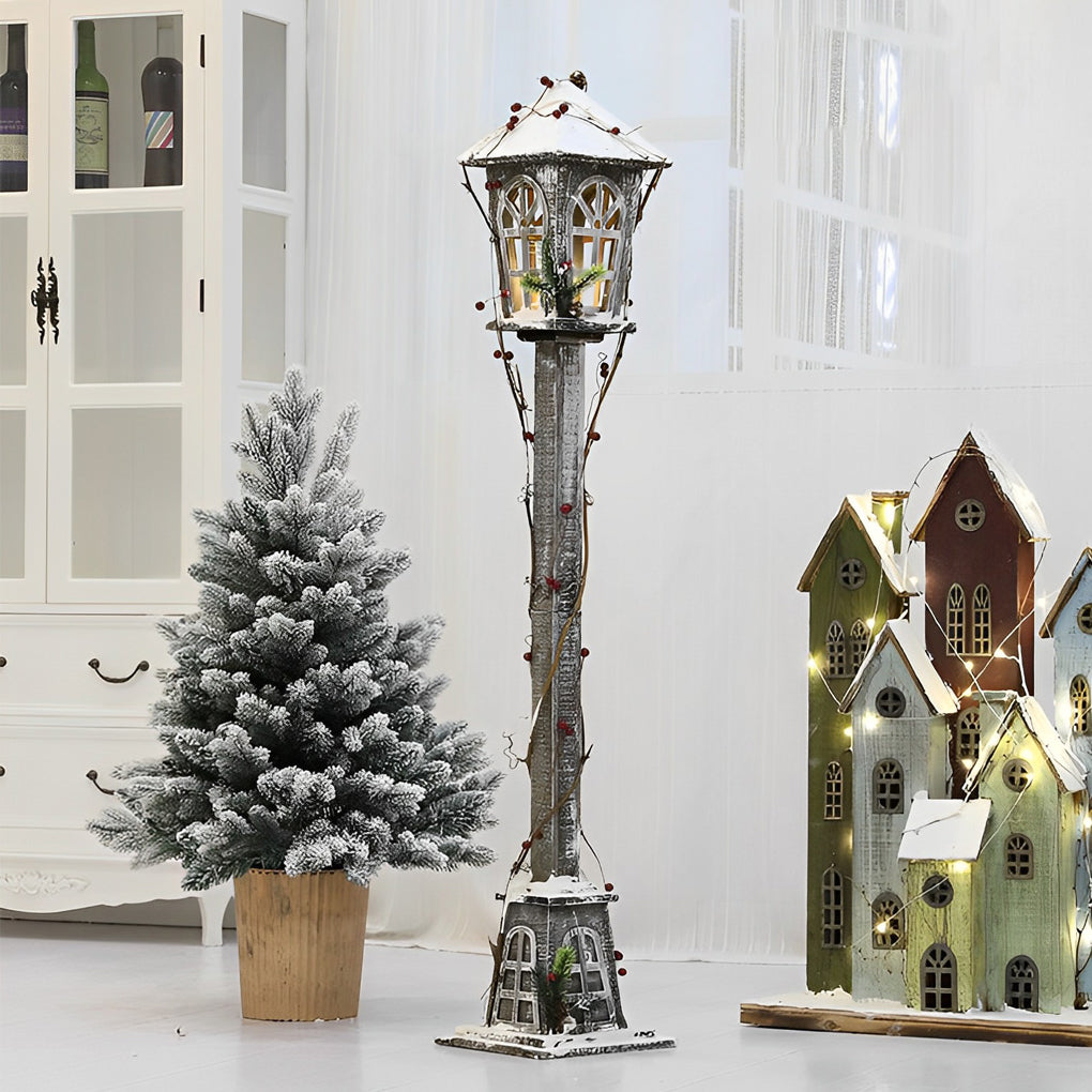 Christmas Street Lamp — Rustic Wooden Lantern Post, Battery Operated