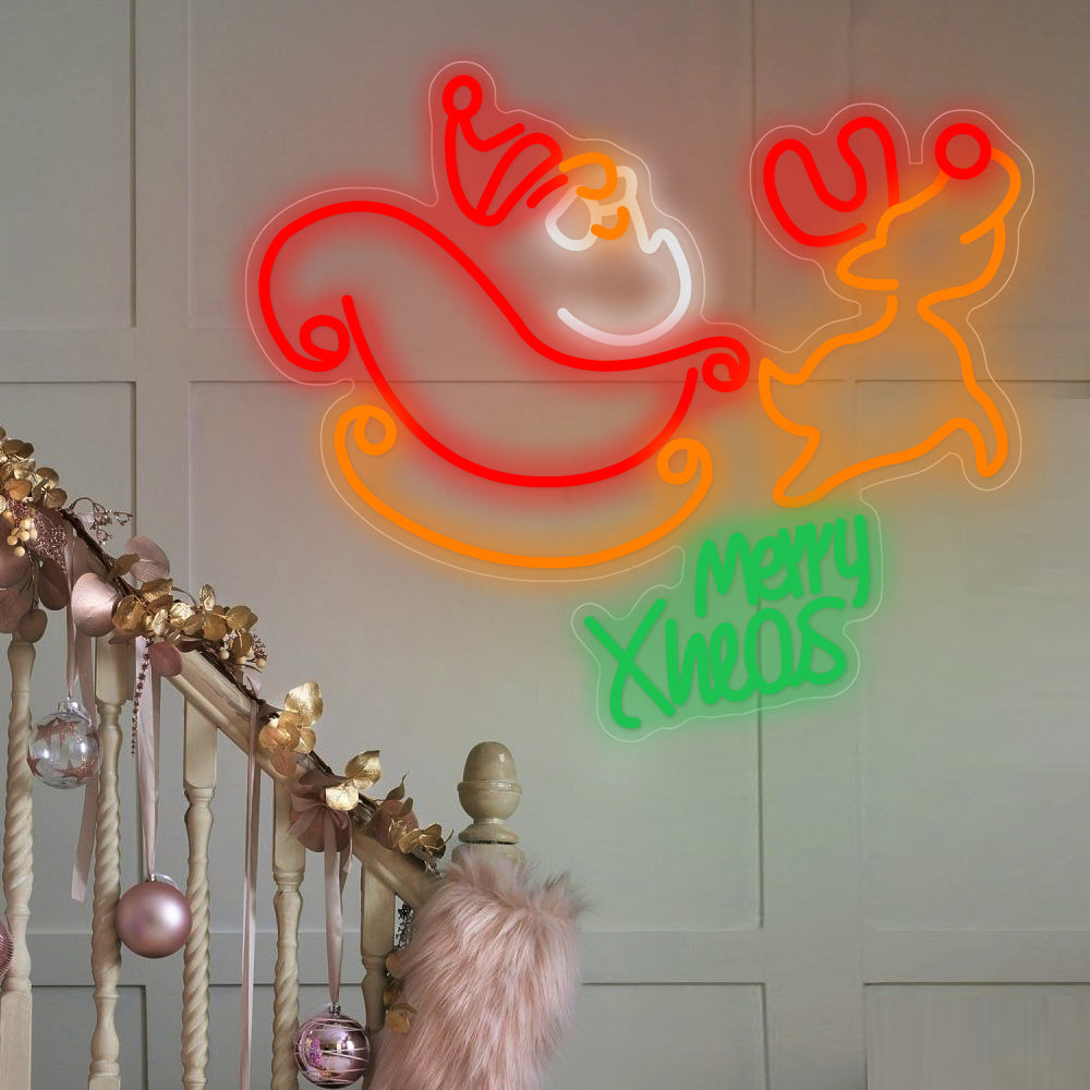 Christmas Neon Sign — Santa Sleigh and Reindeer LED Wall Light, Merry Xmas