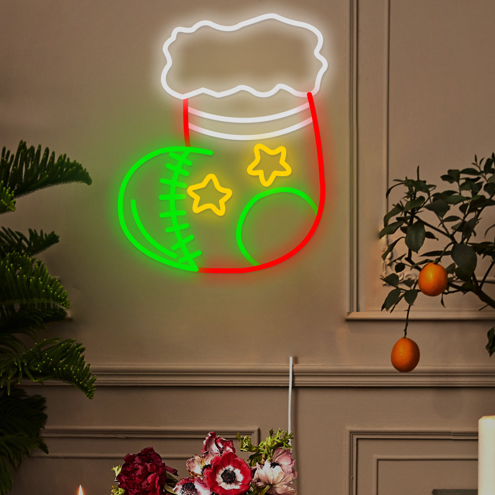 Christmas Neon Sign — Stocking LED Wall Light on Acrylic, Dimmable
