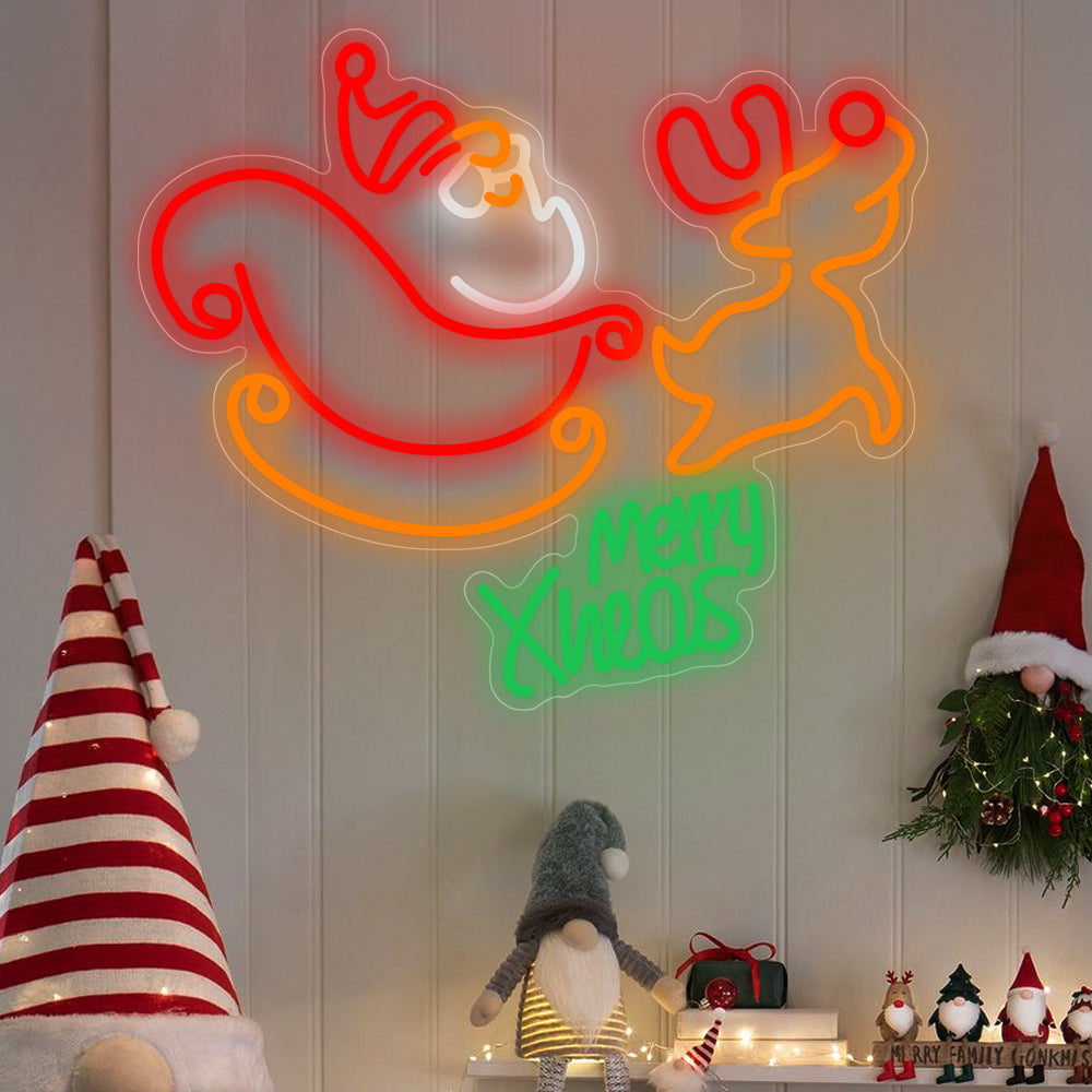 Christmas Neon Sign — Santa Sleigh and Reindeer LED Wall Light, Merry Xmas
