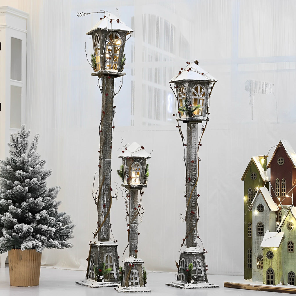 Christmas Street Lamp — Rustic Wooden Lantern Post, Battery Operated