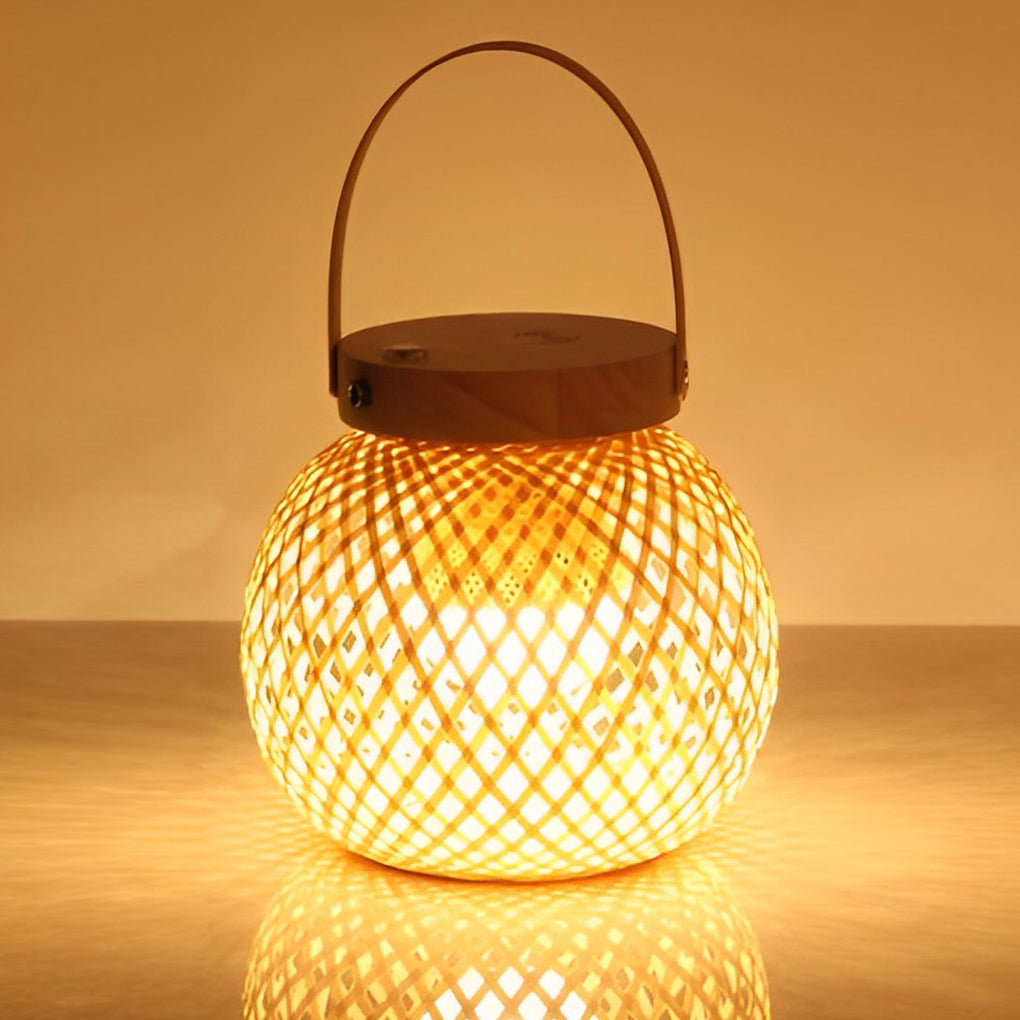 Cordless Bamboo Lantern Lamp — Woven Table Lamp with Handle, Rechargeable