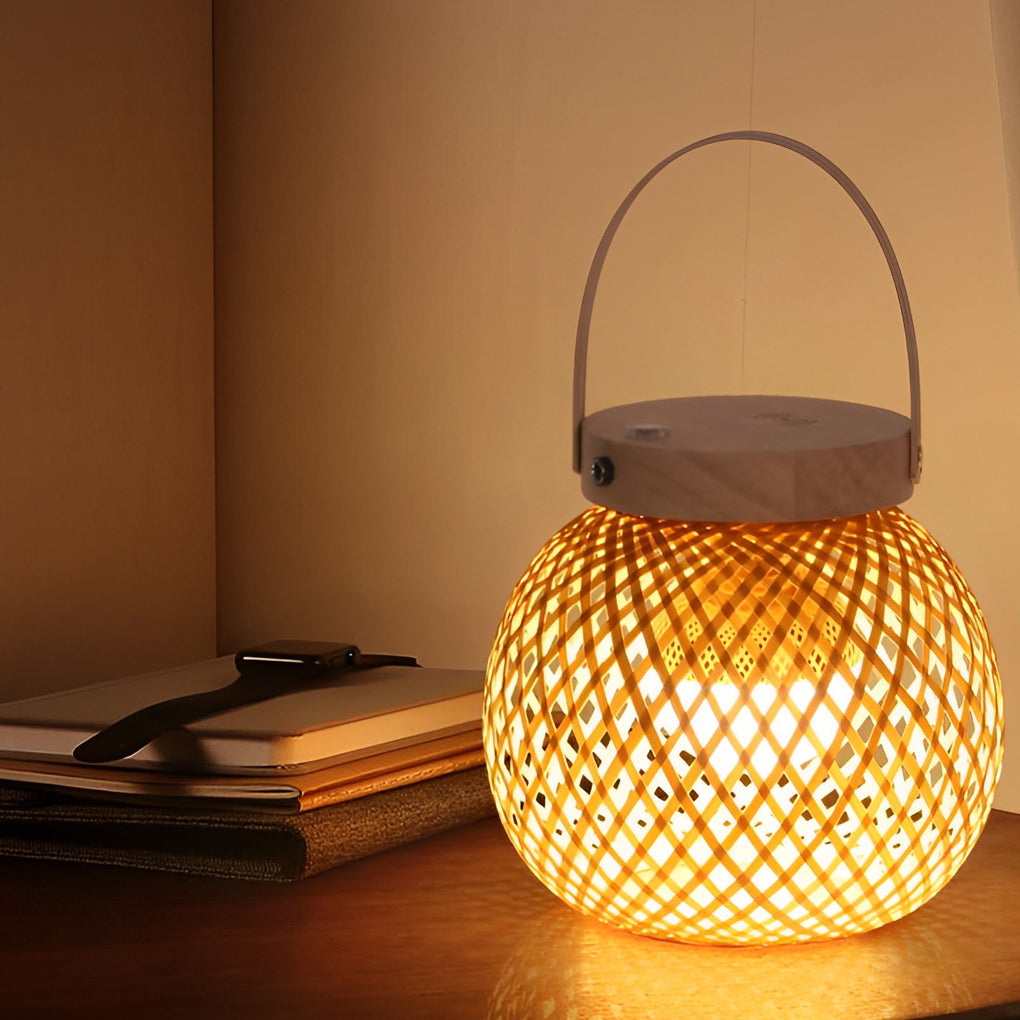 Cordless Bamboo Lantern Lamp — Woven Table Lamp with Handle, Rechargeable