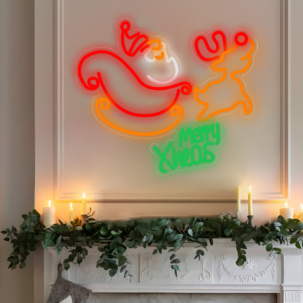 Christmas Neon Sign — Santa Sleigh and Reindeer LED Wall Light, Merry Xmas