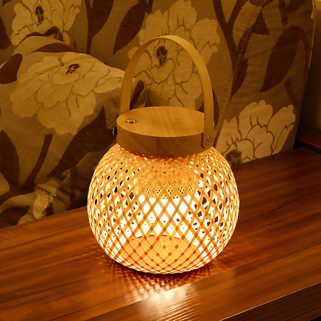Cordless Bamboo Lantern Lamp — Woven Table Lamp with Handle, Rechargeable