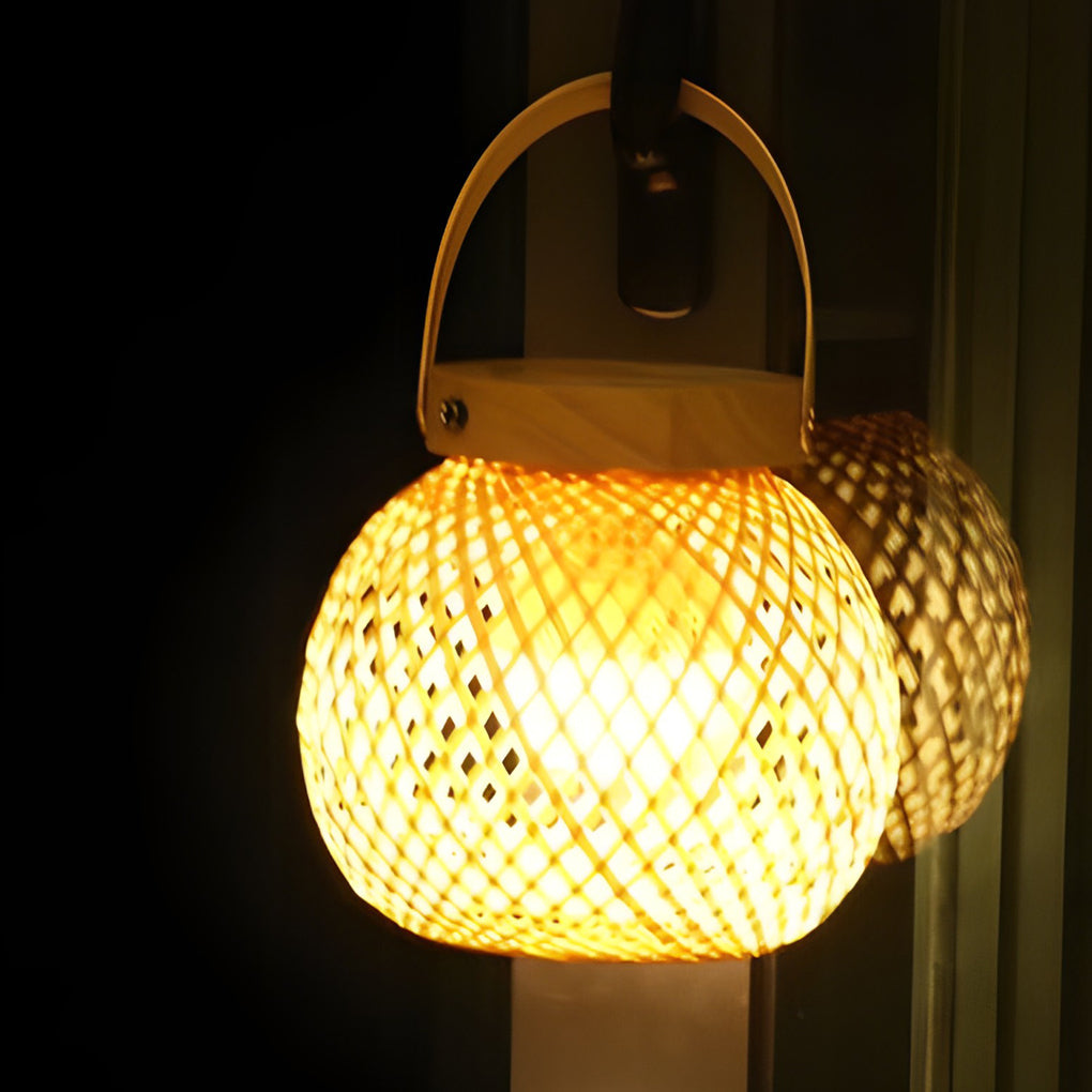 Cordless Bamboo Lantern Lamp — Woven Table Lamp with Handle, Rechargeable