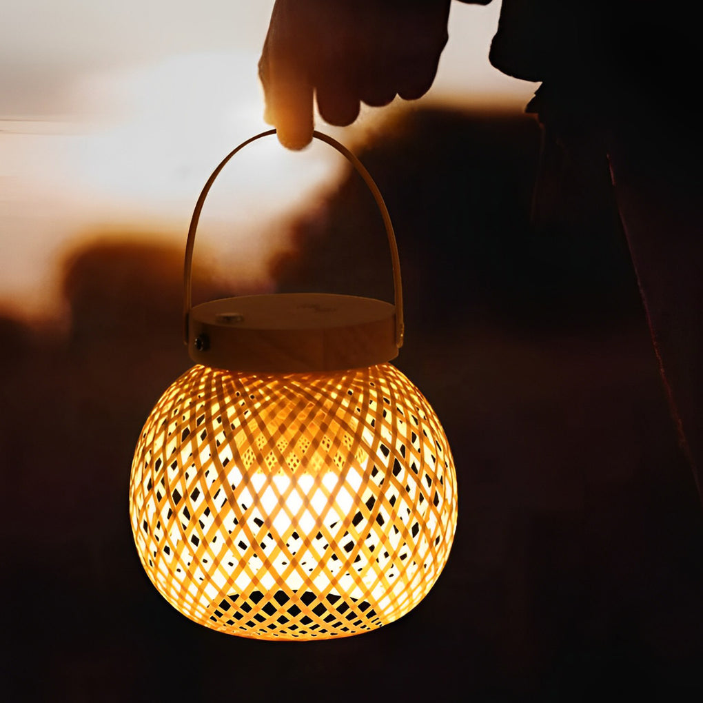 Cordless Bamboo Lantern Lamp — Woven Table Lamp with Handle, Rechargeable
