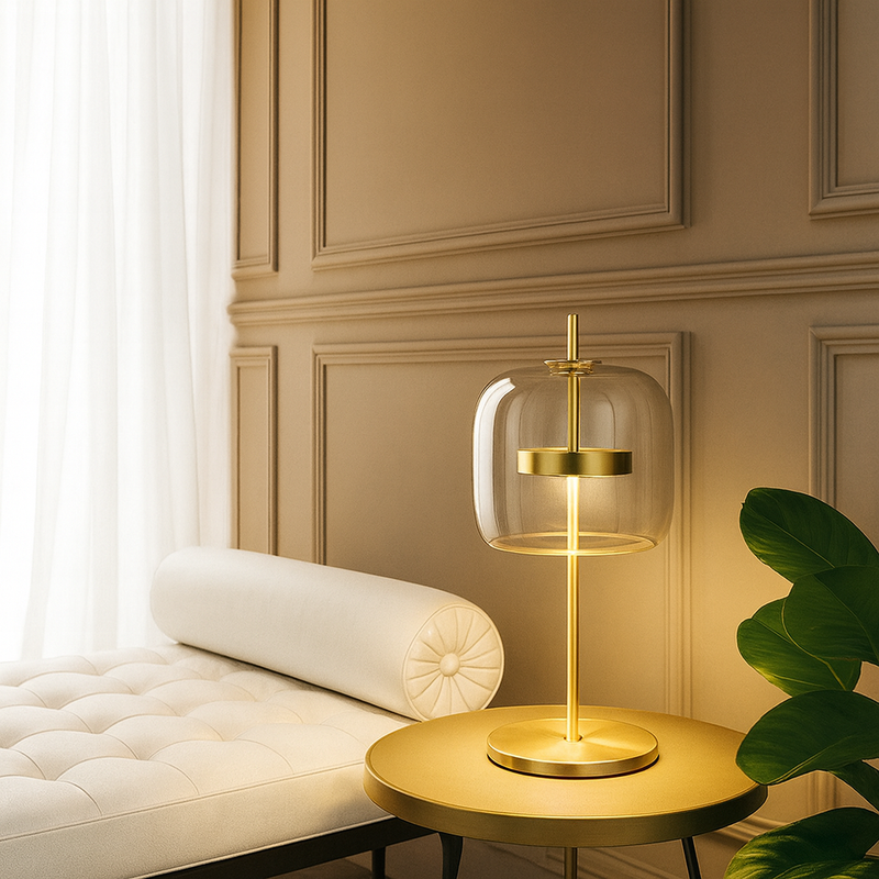 Glass Dome Table Lamp with Gold Iron Stem and Round Base