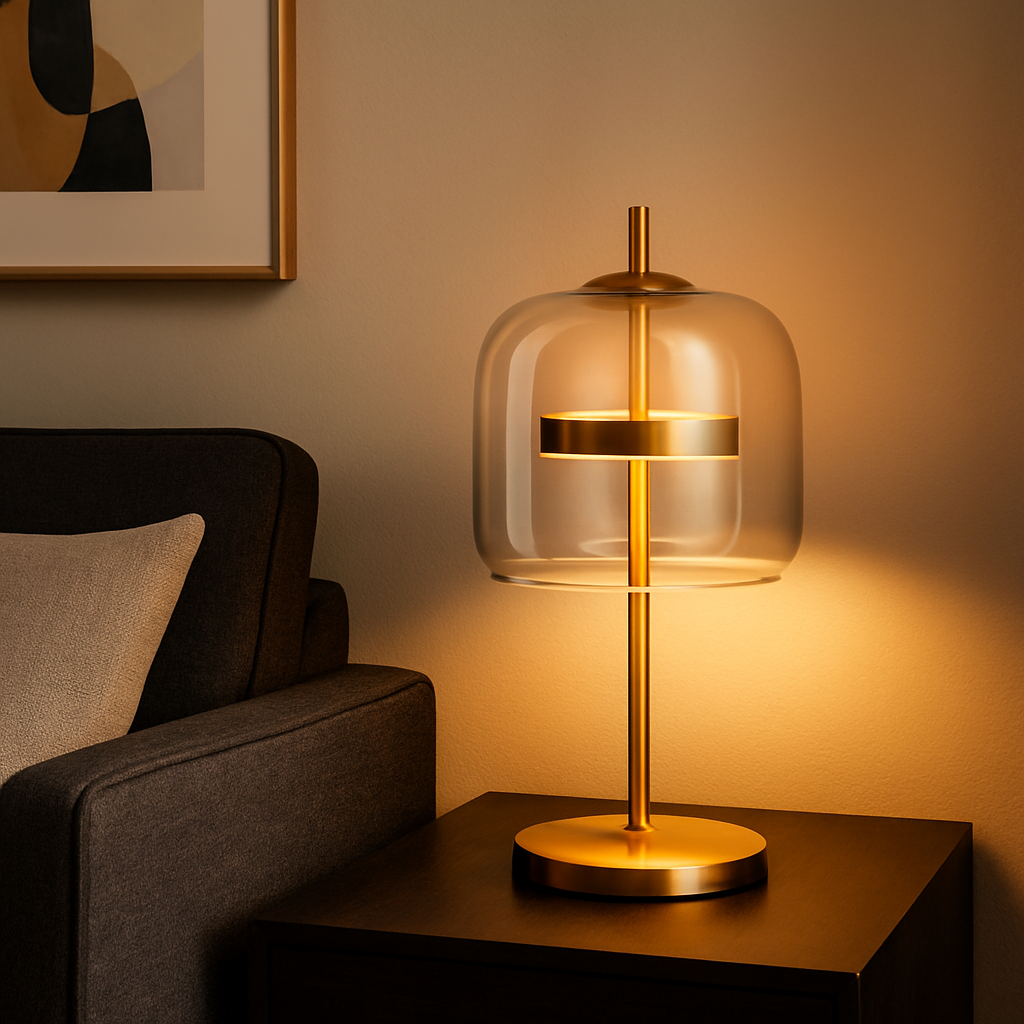 Glass Dome Table Lamp with Gold Iron Stem and Round Base
