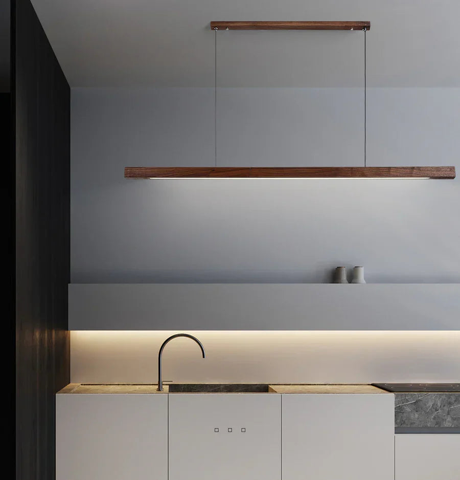 Linear wooden LED pendant light with slim bar shade