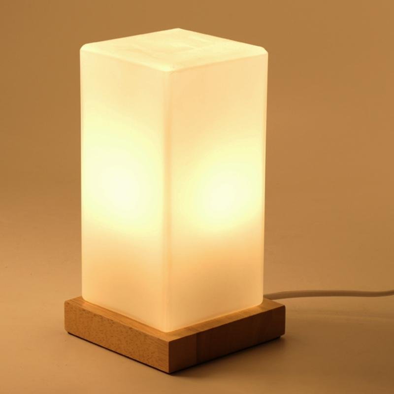 Cordless Glass Cube Table Lamp — Frosted Shade on Wood Base, Rechargeable