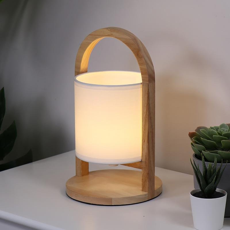 Cordless Wooden Lantern Lamp — Rechargeable, Linen Shade and Remote