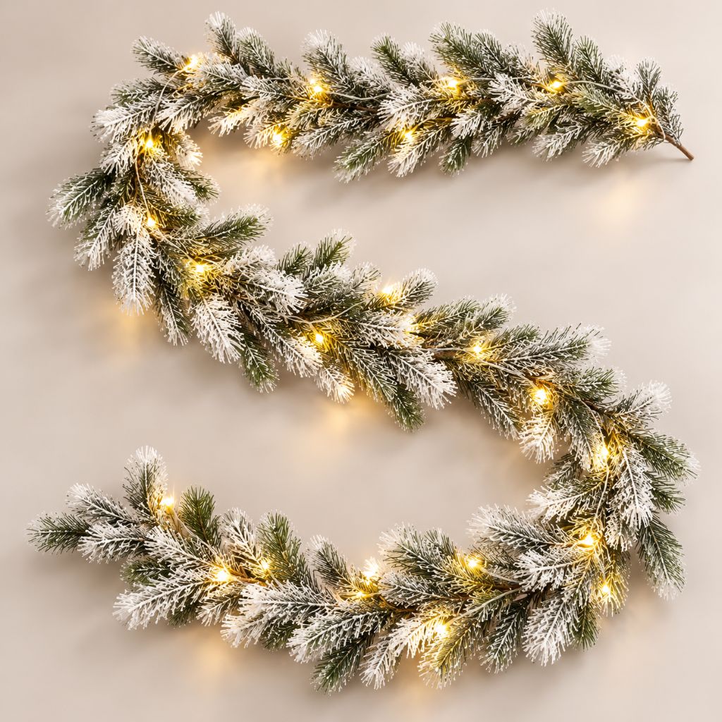Cedar and Pine Christmas Garland with LED Lights, 6.2 ft, Green or Snowy