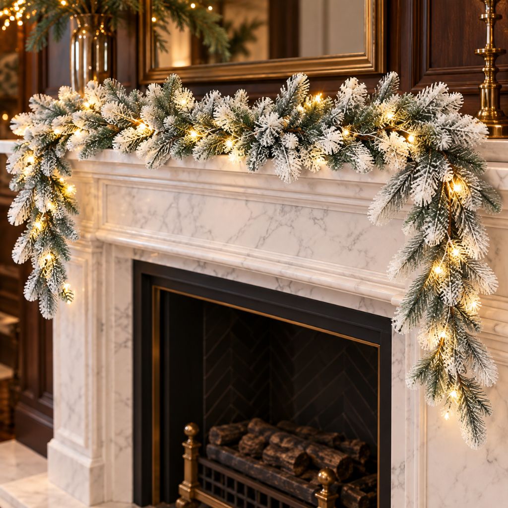 Cedar and Pine Christmas Garland with LED Lights, 6.2 ft, Green or Snowy