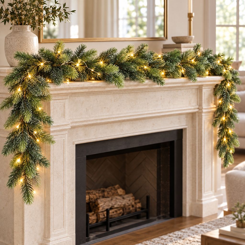 Cedar and Pine Christmas Garland with LED Lights, 6.2 ft, Green or Snowy