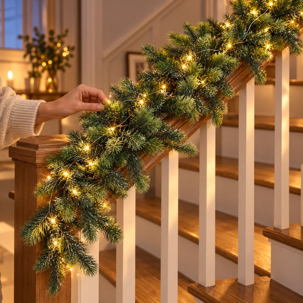 Cedar and Pine Christmas Garland with LED Lights, 6.2 ft, Green or Snowy