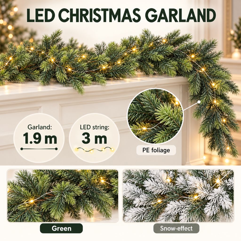 Cedar and Pine Christmas Garland with LED Lights, 6.2 ft, Green or Snowy