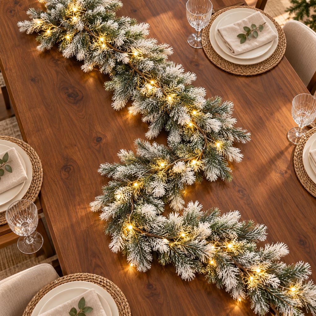 Cedar and Pine Christmas Garland with LED Lights, 6.2 ft, Green or Snowy