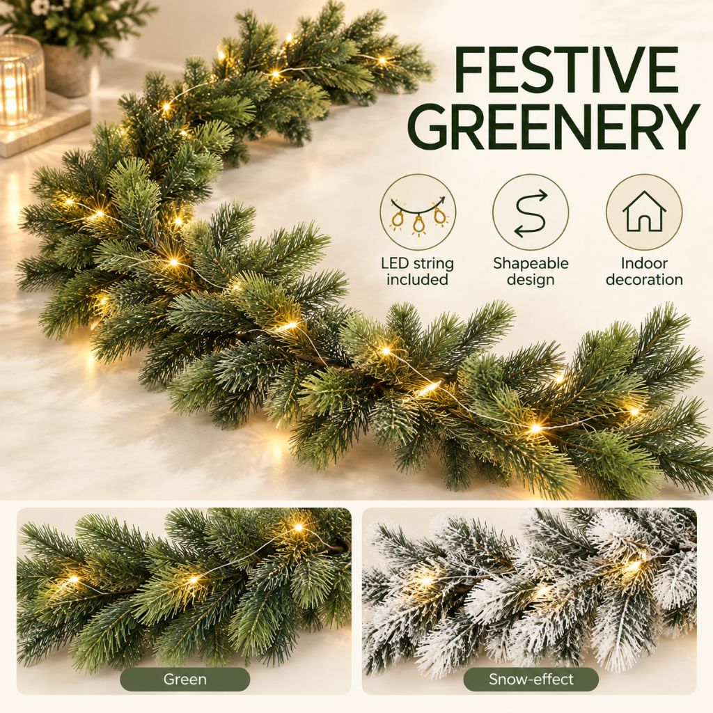 Cedar and Pine Christmas Garland with LED Lights, 6.2 ft, Green or Snowy