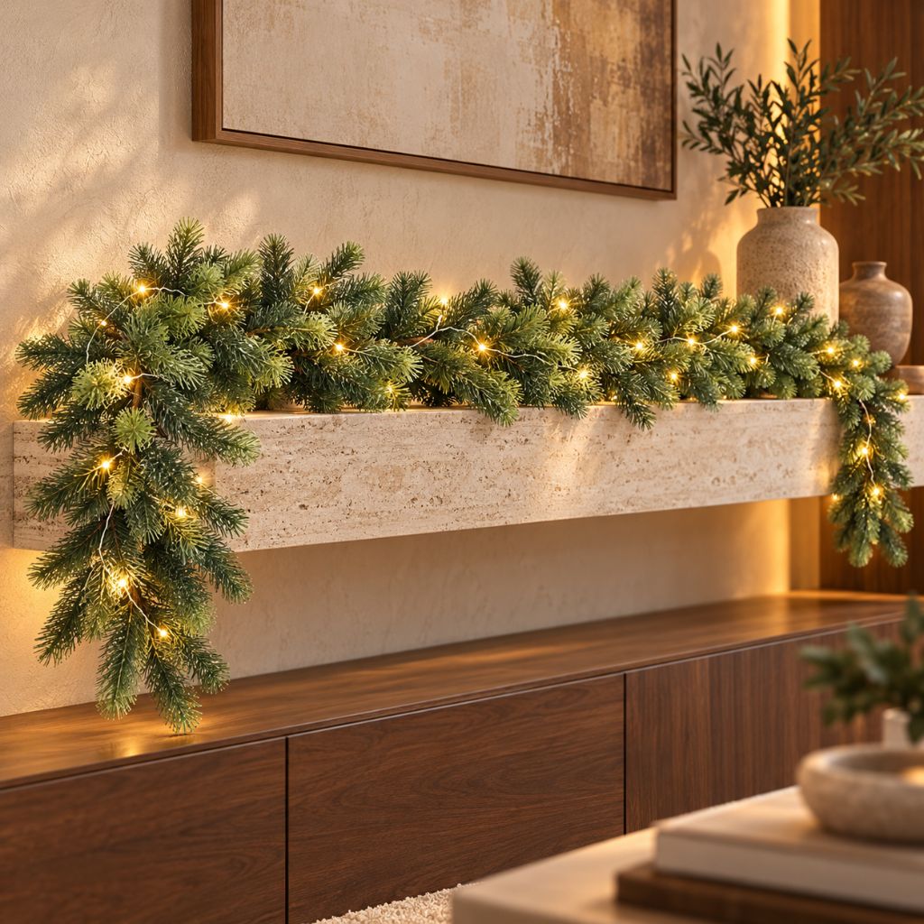 Cedar and Pine Christmas Garland with LED Lights, 6.2 ft, Green or Snowy