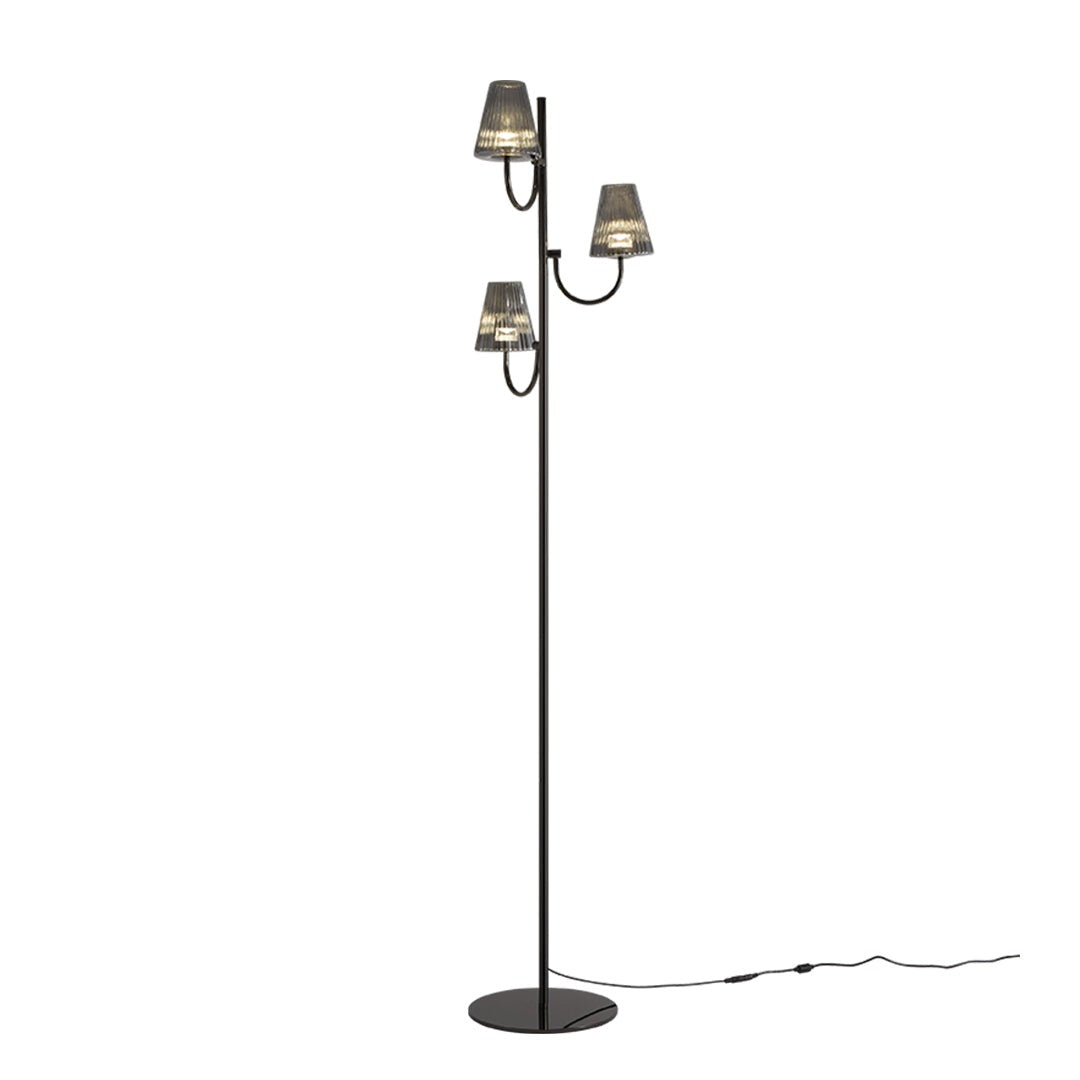 Black 3-Light Floor Lamp with Smoked Fluted Glass Shades, Modern Tree Lamp