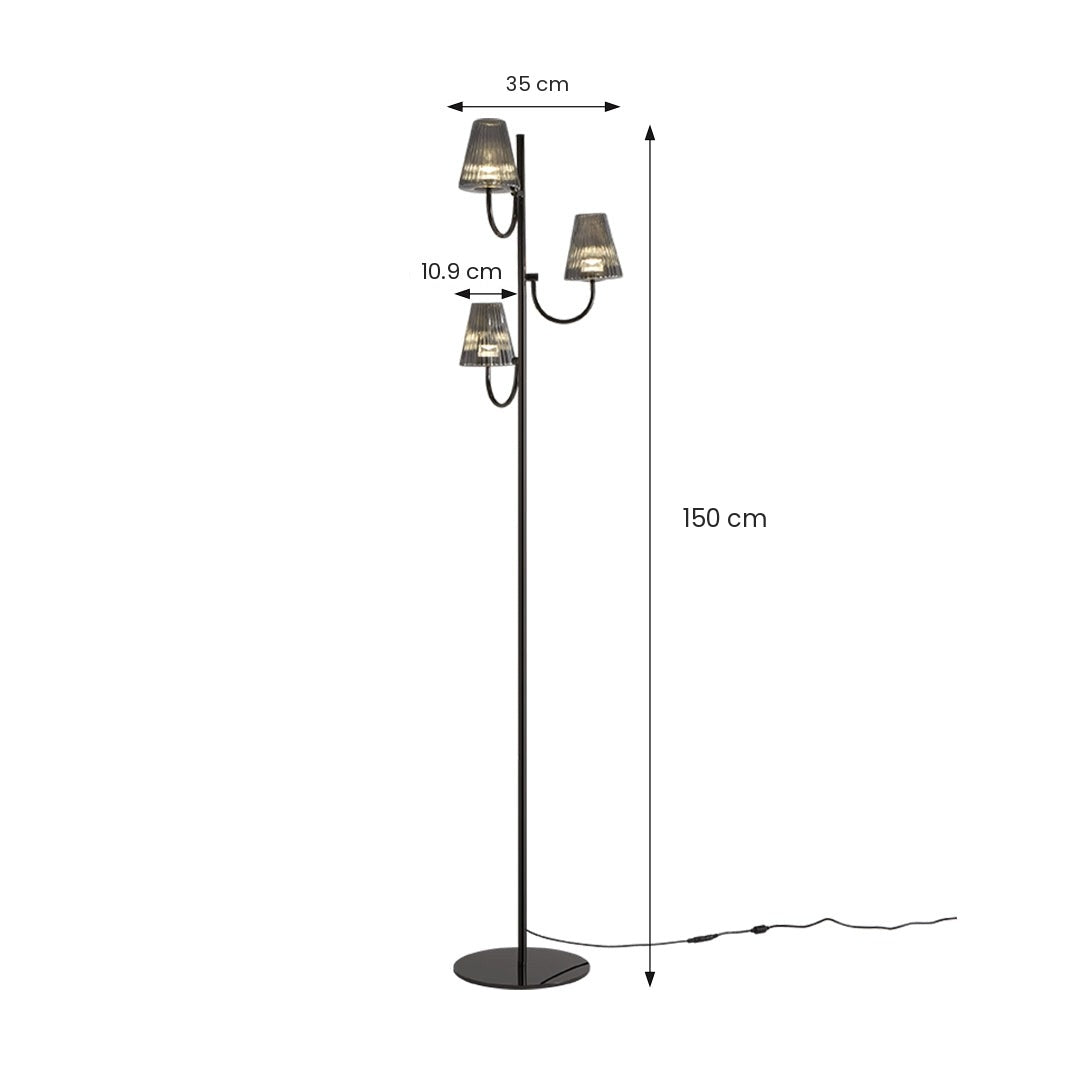 Black 3-Light Floor Lamp with Smoked Fluted Glass Shades, Modern Tree Lamp
