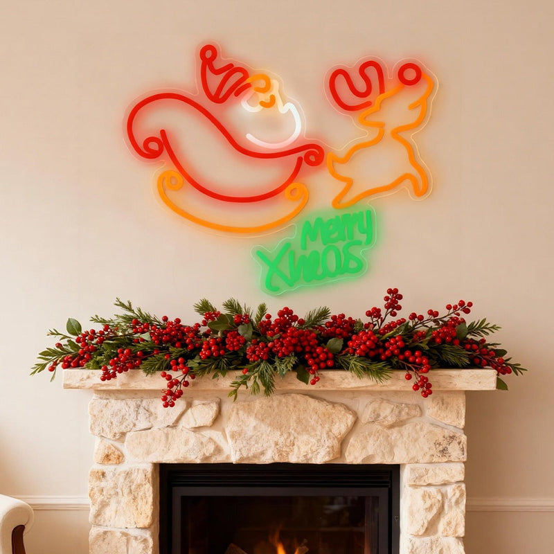 Christmas Neon Sign — Santa Sleigh and Reindeer LED Wall Light, Merry Xmas