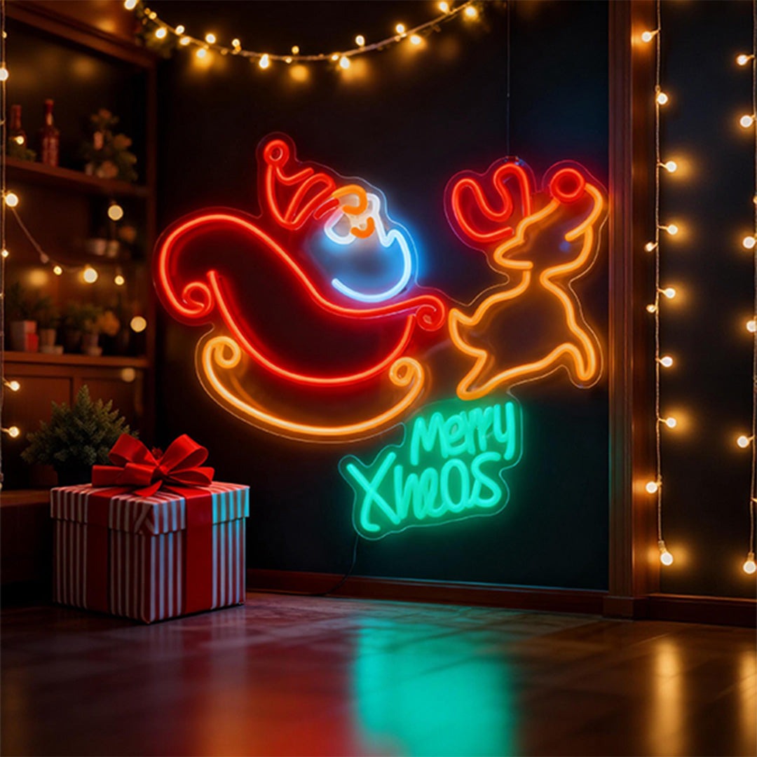 Christmas Neon Sign — Santa Sleigh and Reindeer LED Wall Light, Merry Xmas
