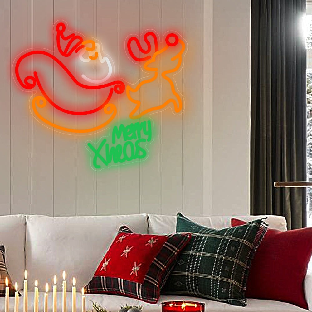 Christmas Neon Sign — Santa Sleigh and Reindeer LED Wall Light, Merry Xmas
