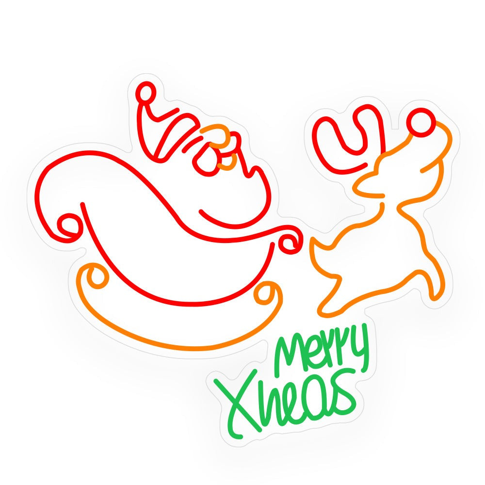 Christmas Neon Sign — Santa Sleigh and Reindeer LED Wall Light, Merry Xmas