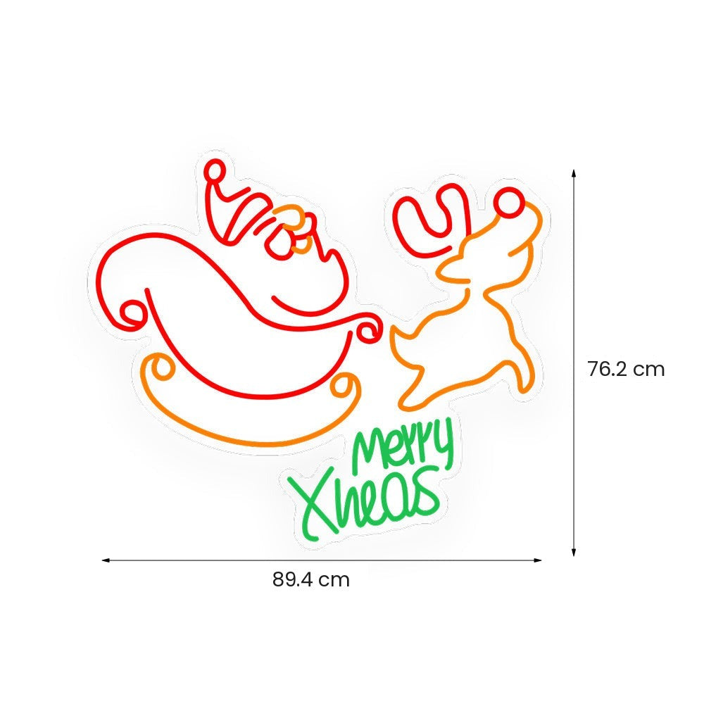 Christmas Neon Sign — Santa Sleigh and Reindeer LED Wall Light, Merry Xmas