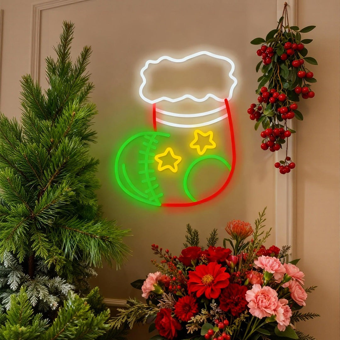 Christmas Neon Sign — Stocking LED Wall Light on Acrylic, Dimmable