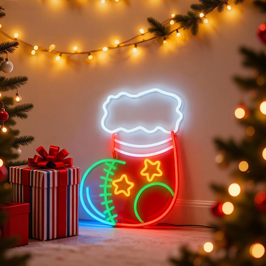 Christmas Neon Sign — Stocking LED Wall Light on Acrylic, Dimmable