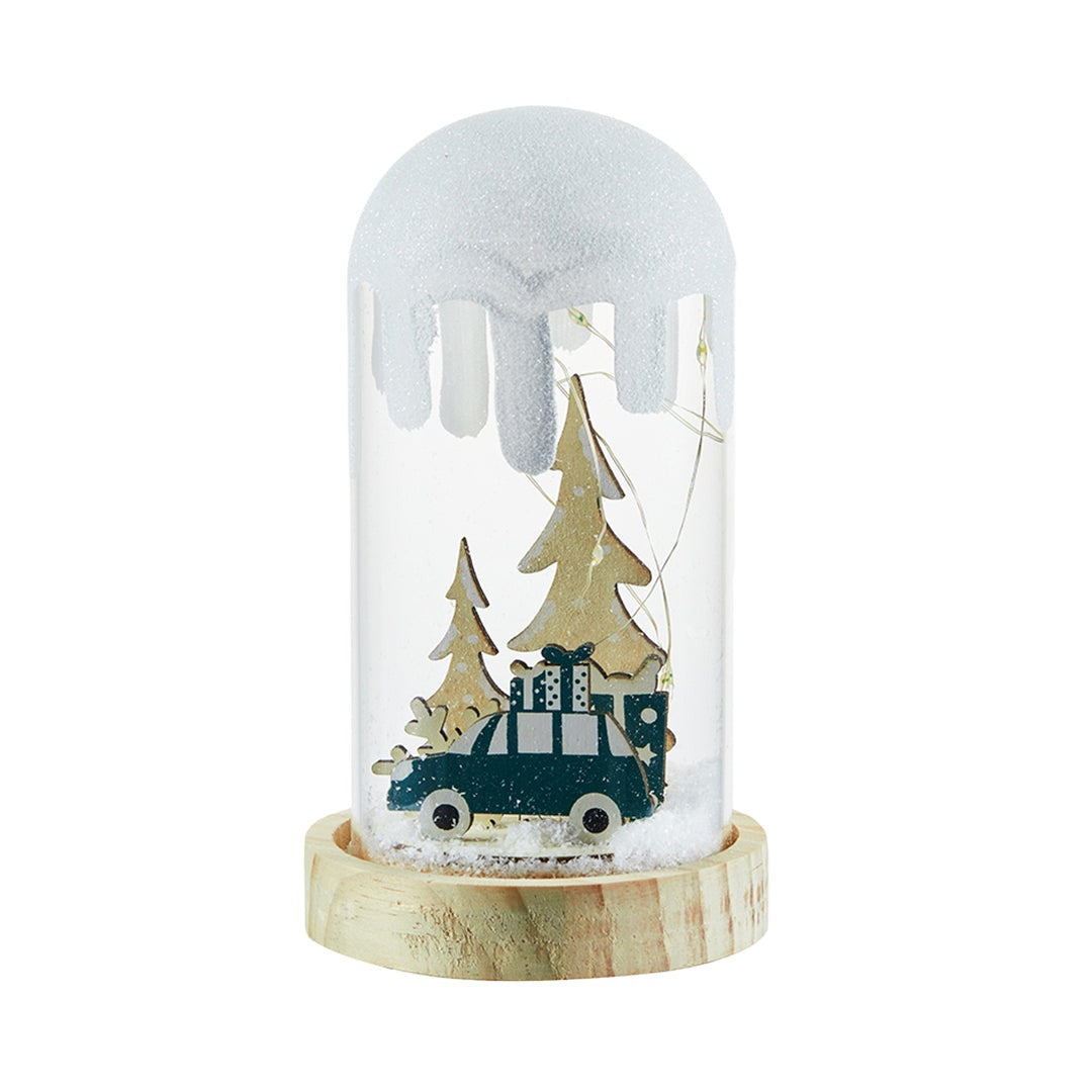 Christmas Snow Globe Lamp — Glass Dome Scene on Wood Base, Battery