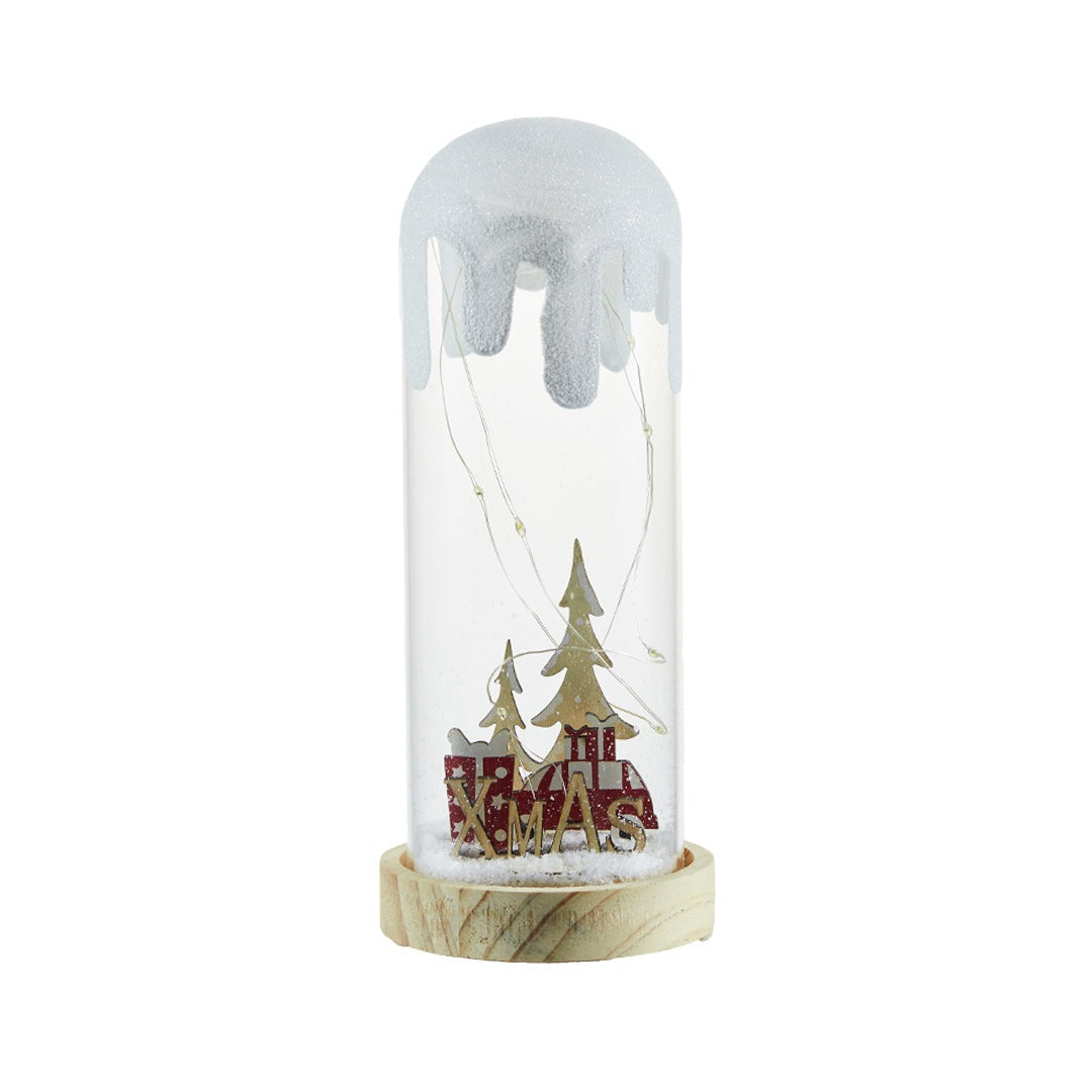 Christmas Snow Globe Lamp — Glass Dome Scene on Wood Base, Battery