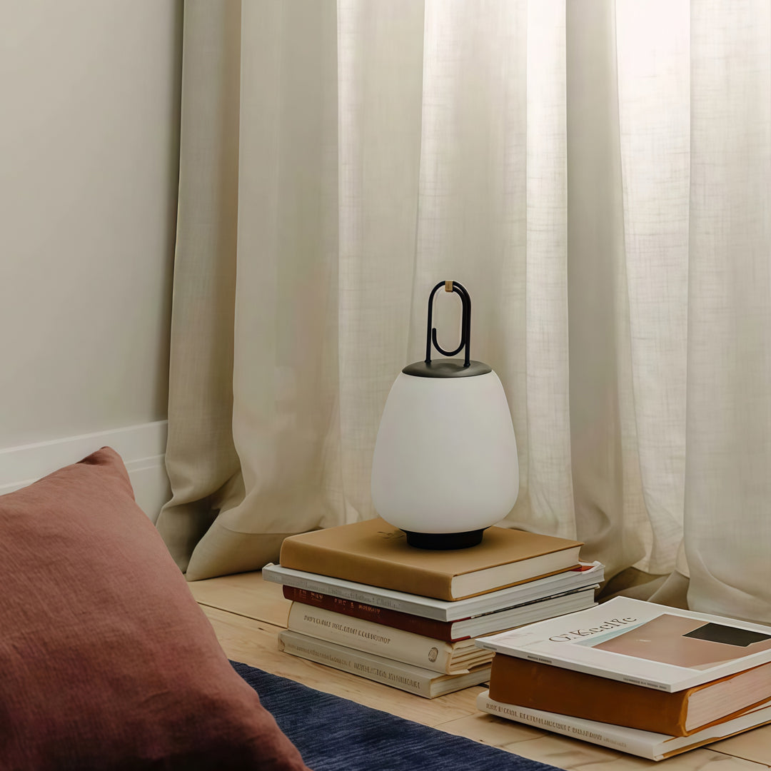 Cordless Lantern Table Lamp — Rechargeable Glass Lamp with Iron Handle