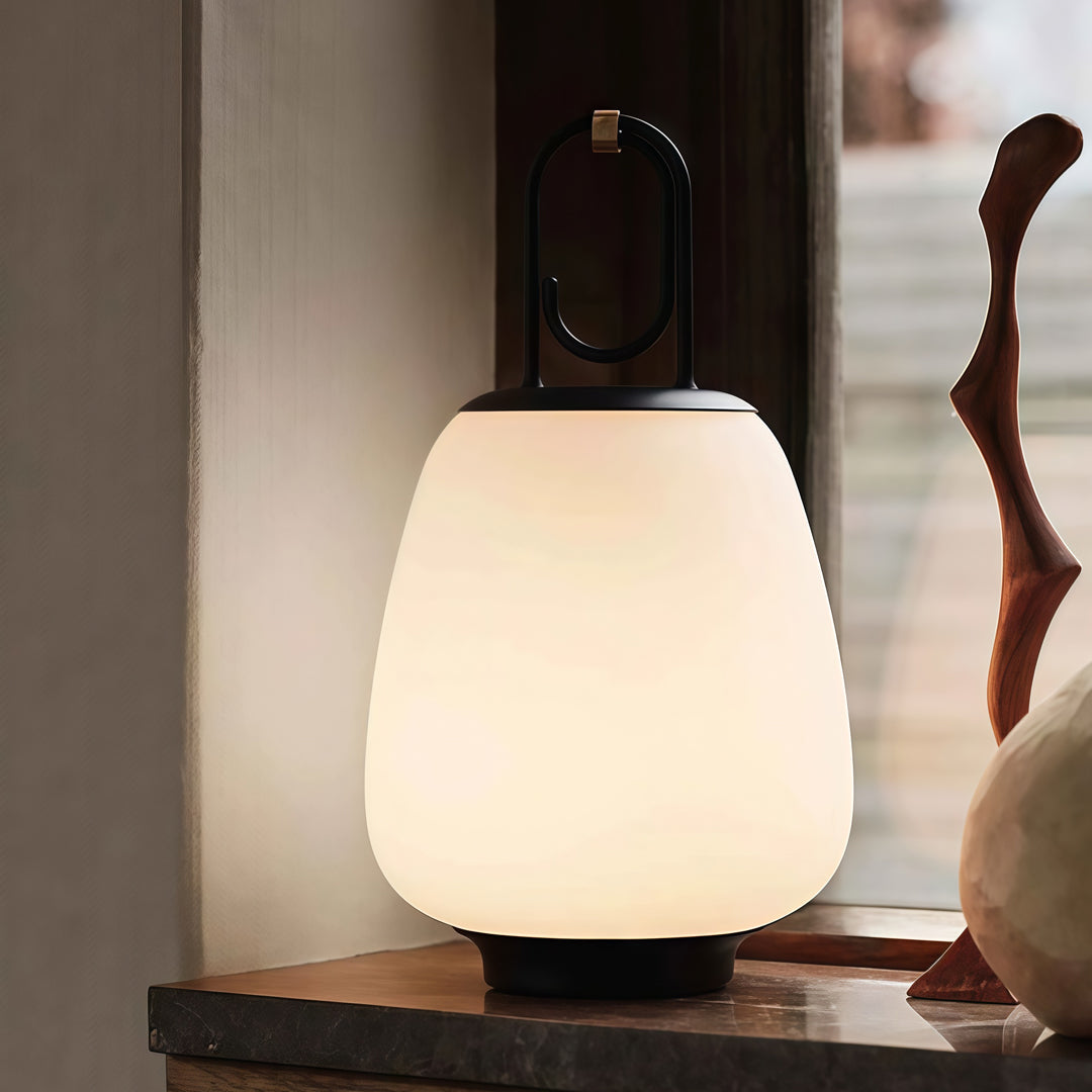 Cordless Lantern Table Lamp — Rechargeable Glass Lamp with Iron Handle