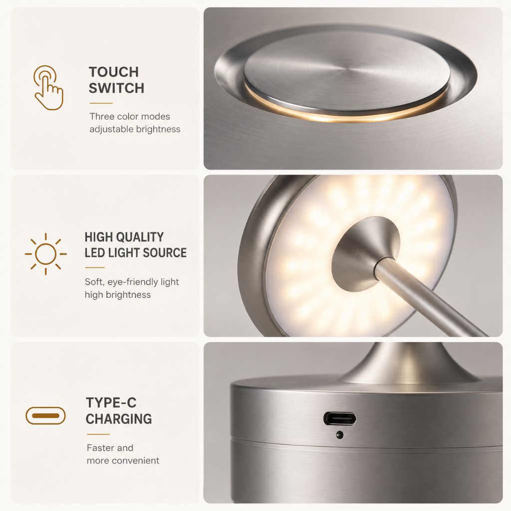 Cordless Touch Table Lamp — Rechargeable Aluminum LED, 3 Light Colors