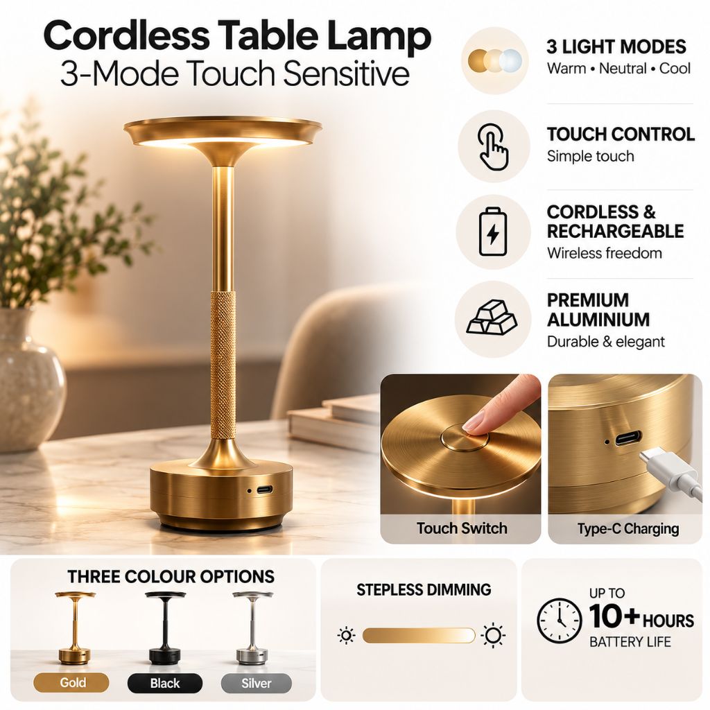 Cordless Touch Table Lamp — Rechargeable Aluminum LED, 3 Light Colors