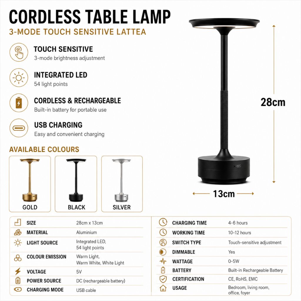 Cordless Touch Table Lamp — Rechargeable Aluminum LED, 3 Light Colors