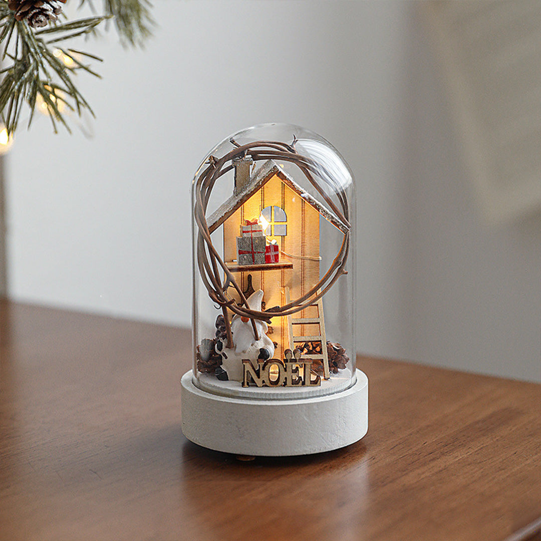 Christmas Glass Dome Lights — Wooden LED Village Scenes, Battery Powered