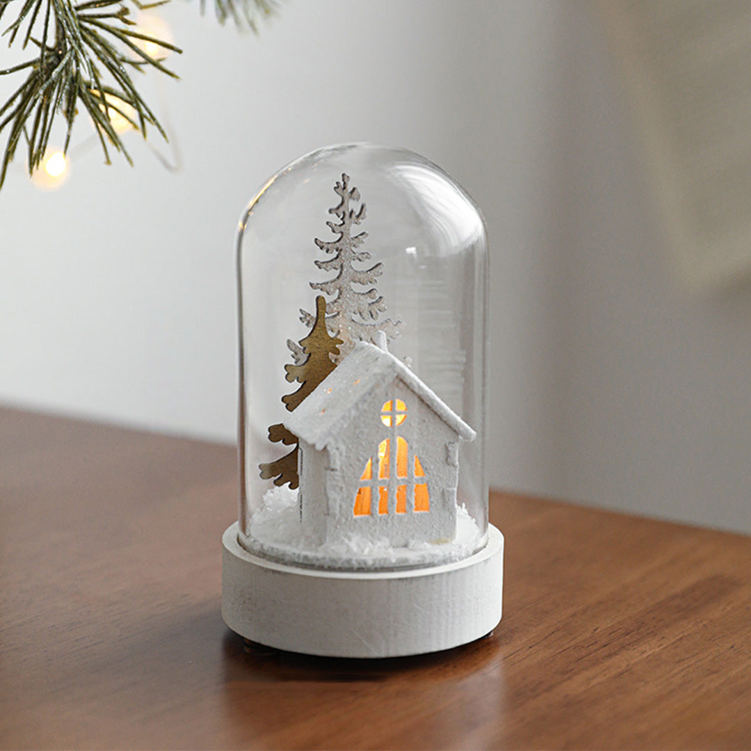 Christmas Glass Dome Lights — Wooden LED Village Scenes, Battery Powered