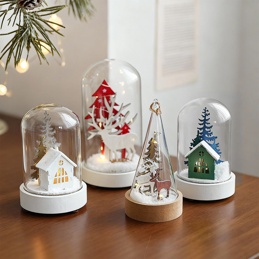 Christmas Glass Dome Lights — Wooden LED Village Scenes, Battery Powered