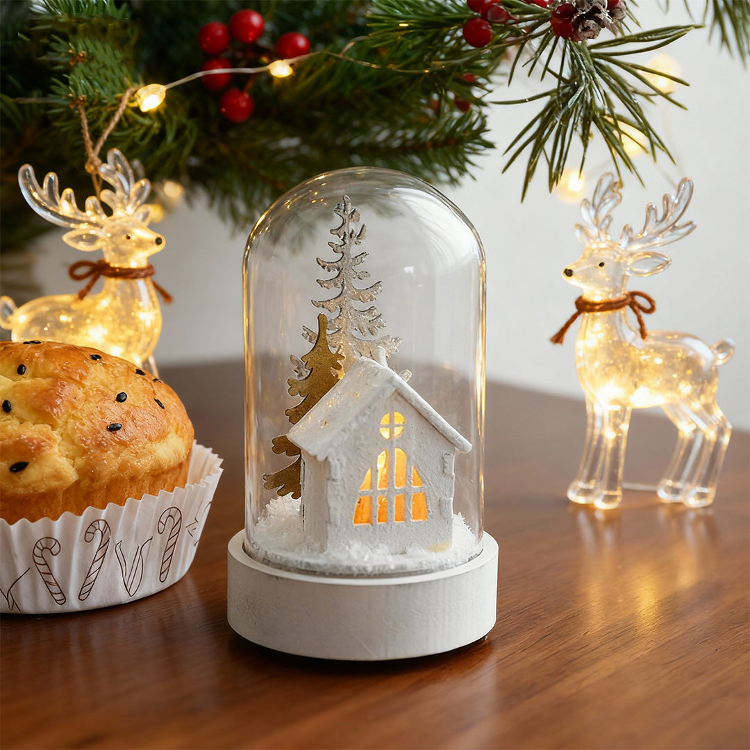 Christmas Glass Dome Lights — Wooden LED Village Scenes, Battery Powered